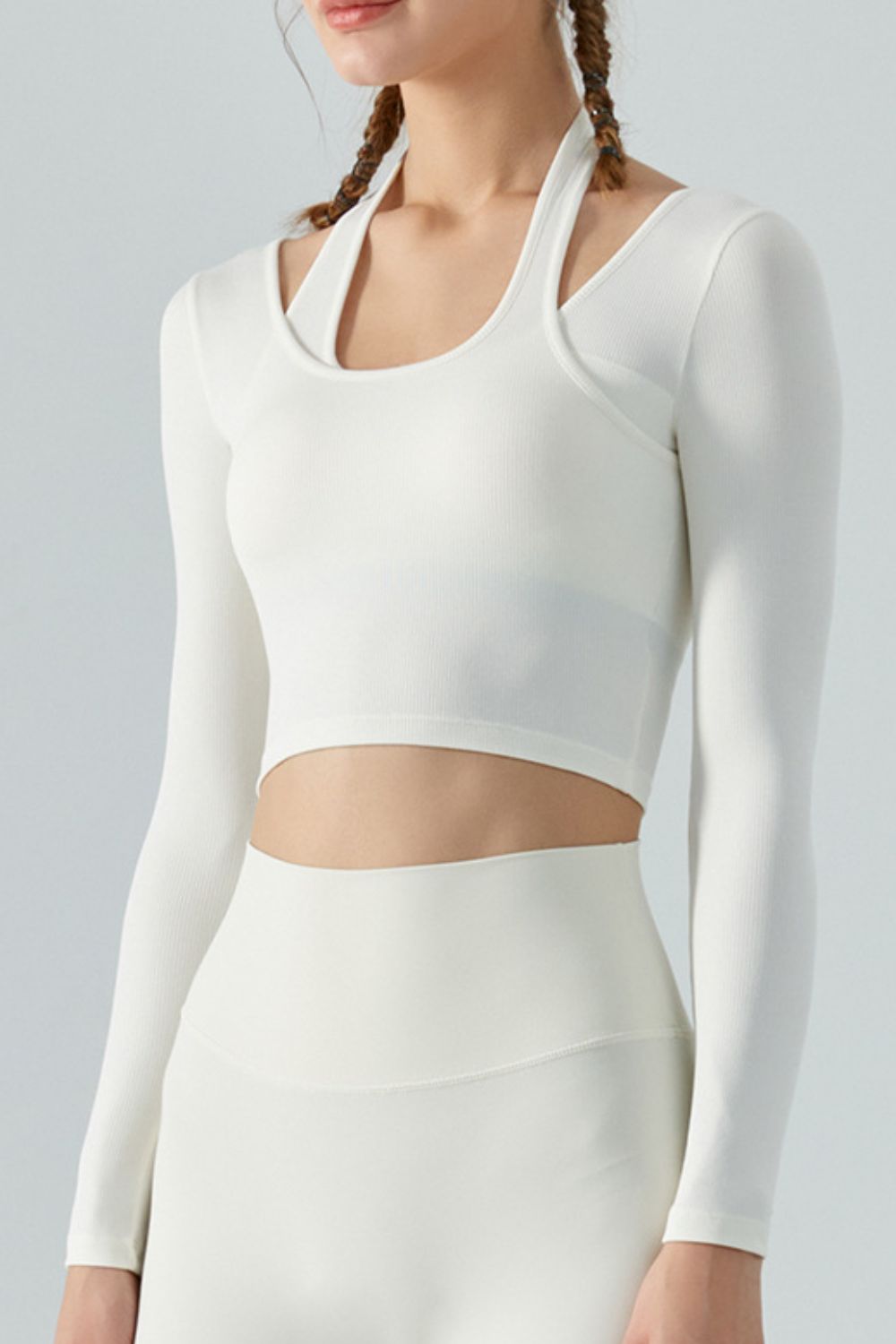 Halter Neck Long Sleeve Cropped Sports Top - White / S
