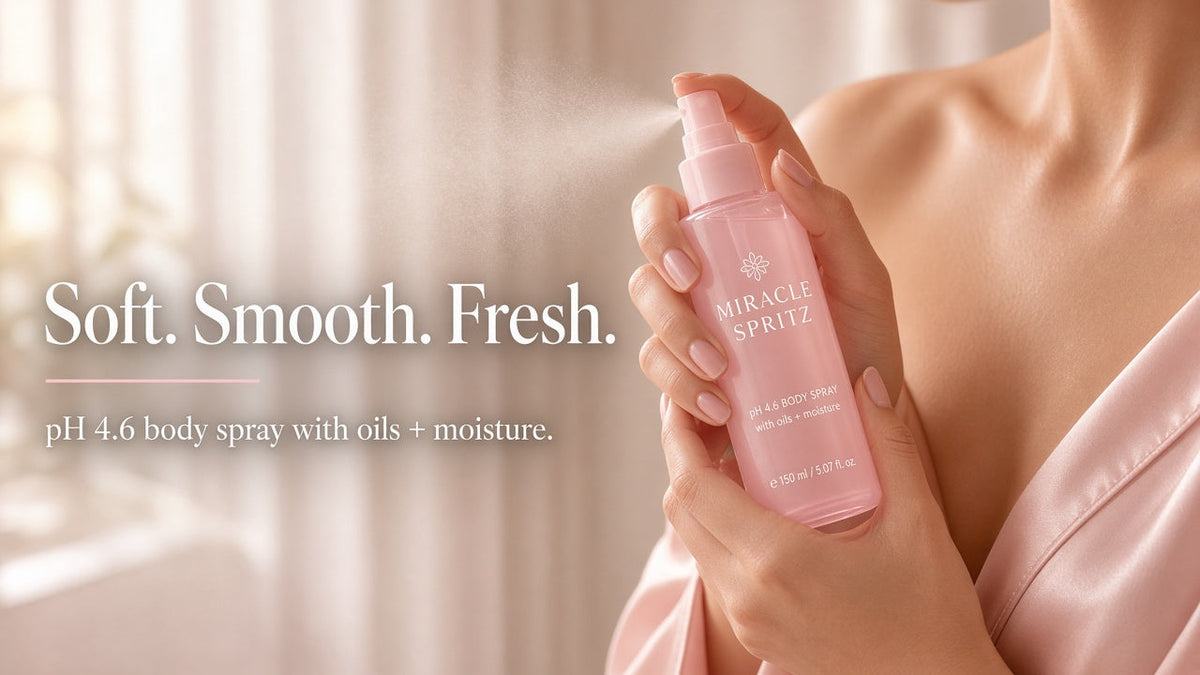 Miracle Spritz pH 4.6 body spray with oils and moisture — soft, smooth, fresh.