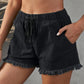 Pocketed Frayed Denim Shorts - Black Denim / S - fashion