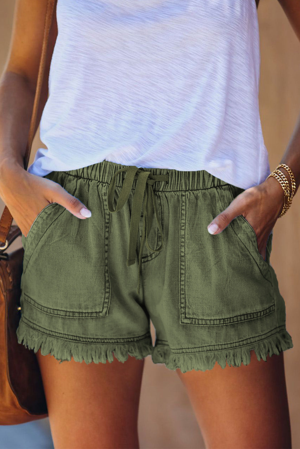 Pocketed Frayed Denim Shorts - Green / S - fashion