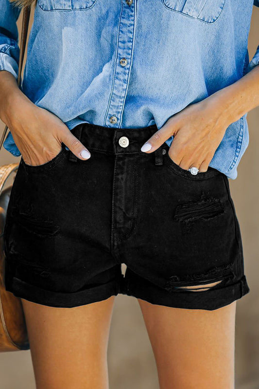 Distressed Cuffed Denim Shorts - Black / S - fashion