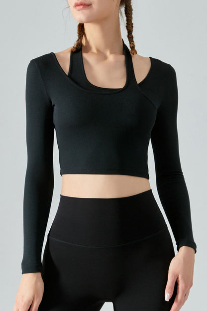 Halter Neck Long Sleeve Cropped Sports Top - Black / S