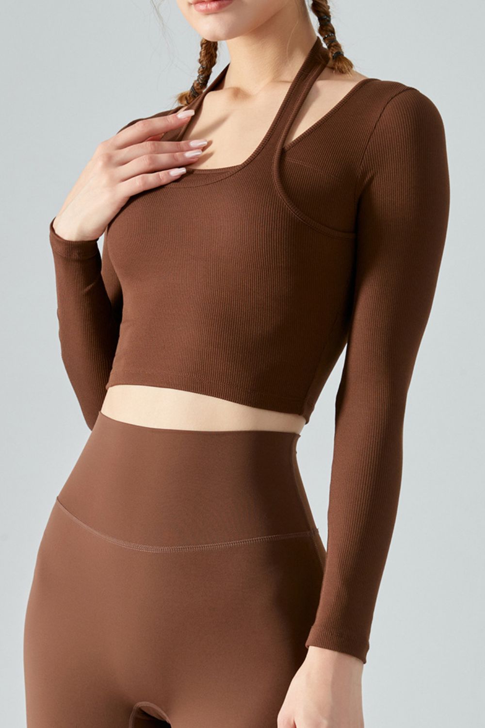 Halter Neck Long Sleeve Cropped Sports Top - Brown / S