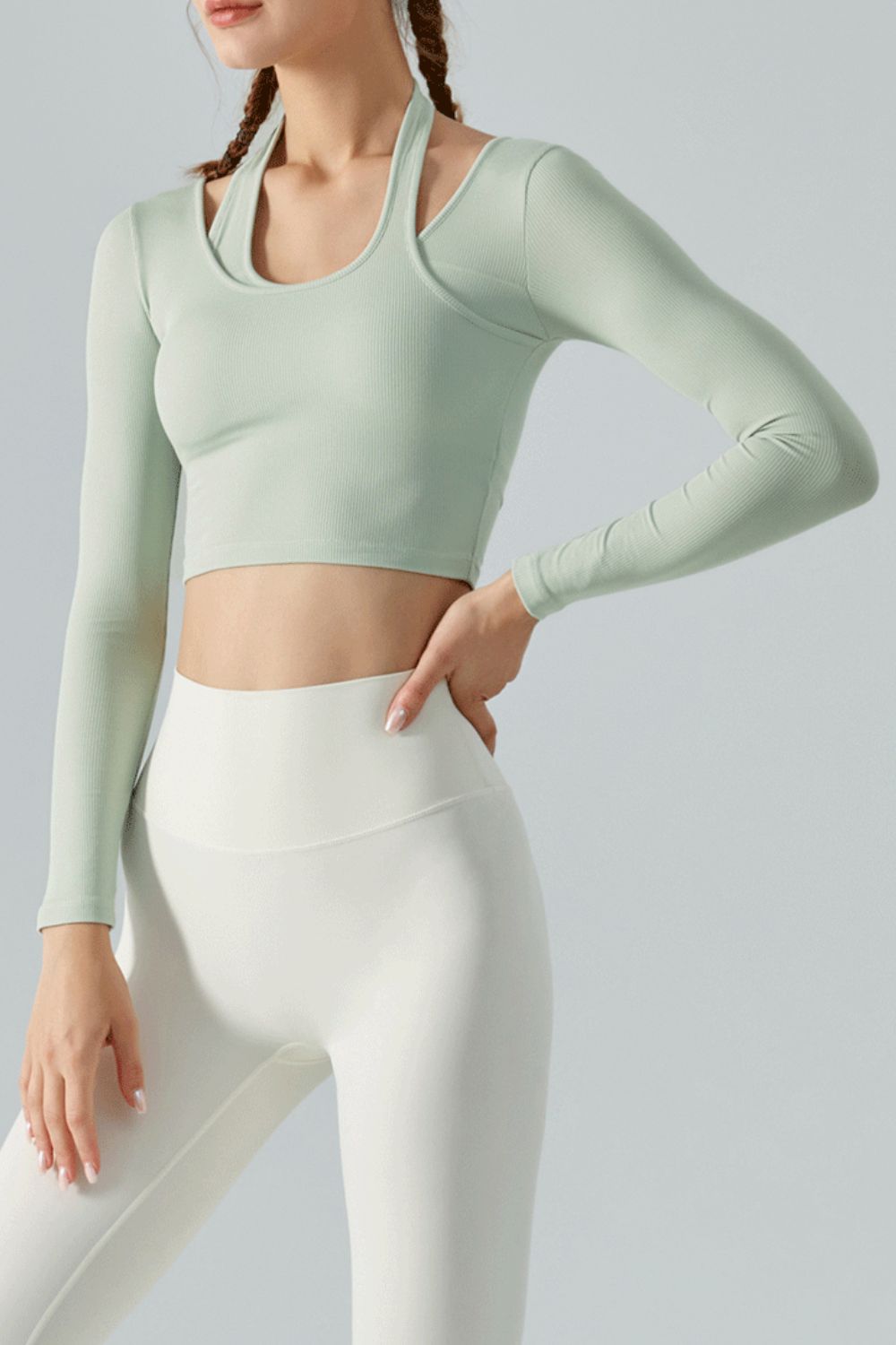 Halter Neck Long Sleeve Cropped Sports Top - Mint / S