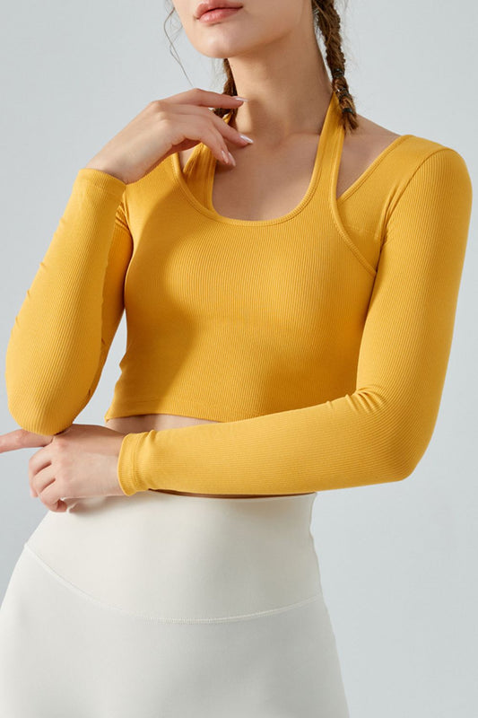 Halter Neck Long Sleeve Cropped Sports Top - Yellow / S
