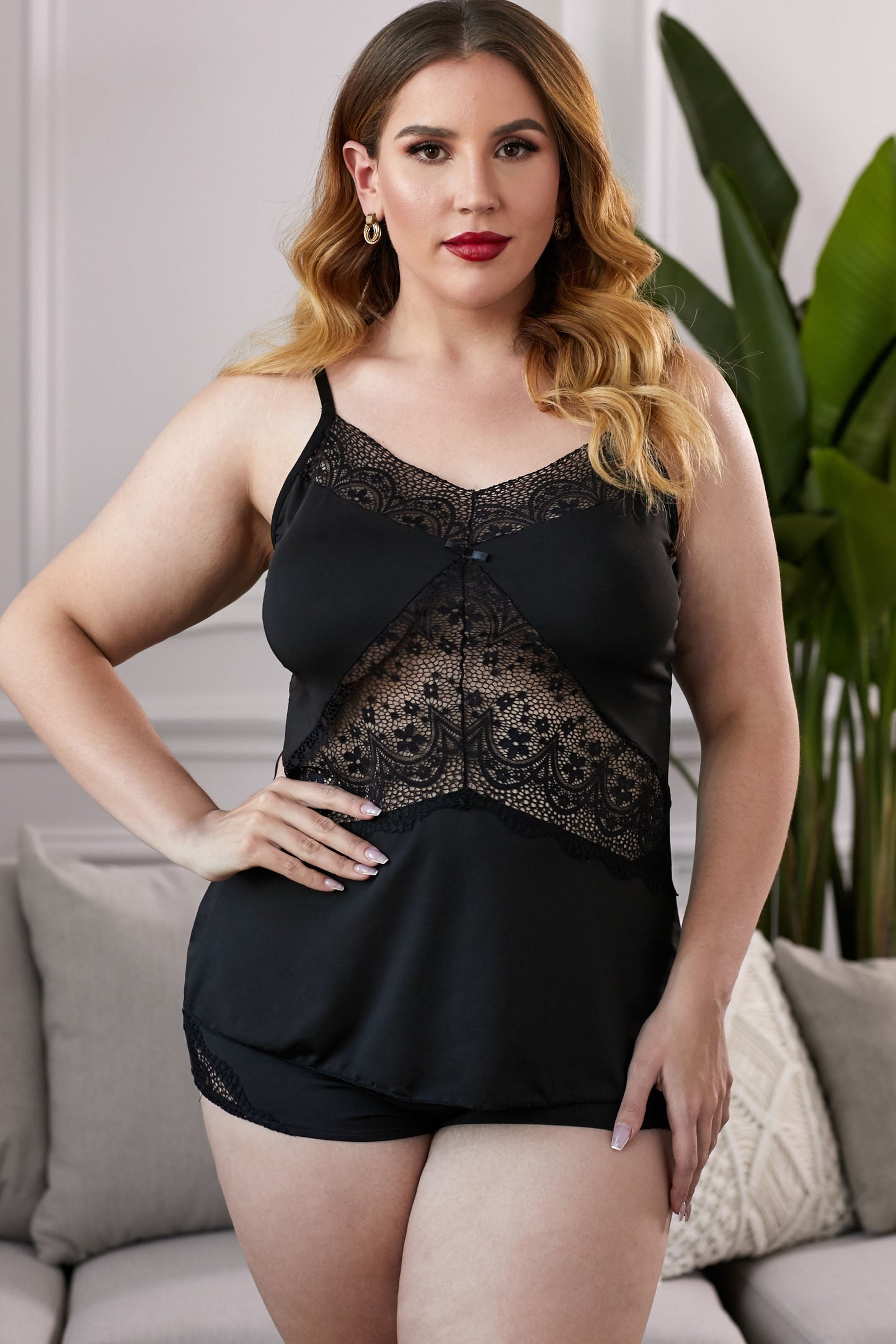 Lace Insert Plus Size Pajamas Set - fashion