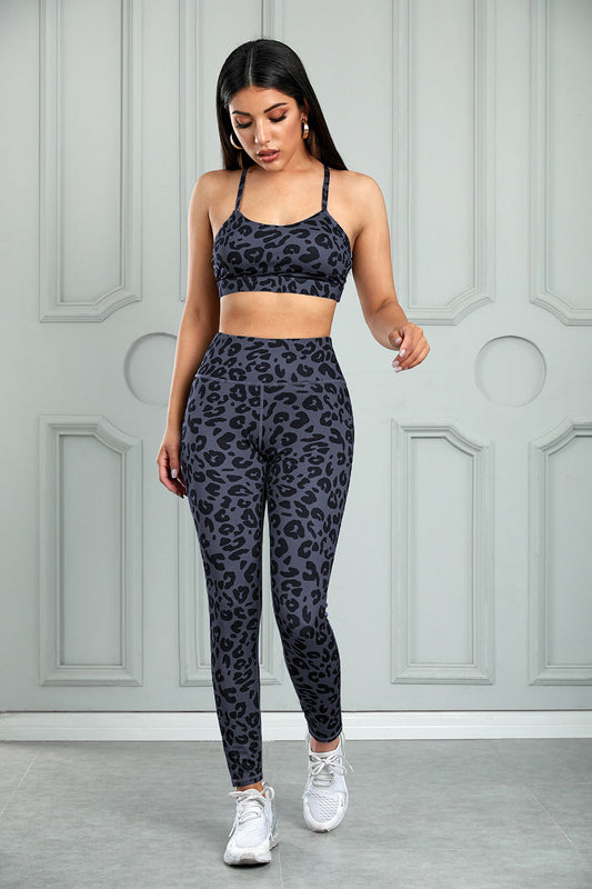 Leopard Cutout Sports Bra and Leggings Set - Gray / S