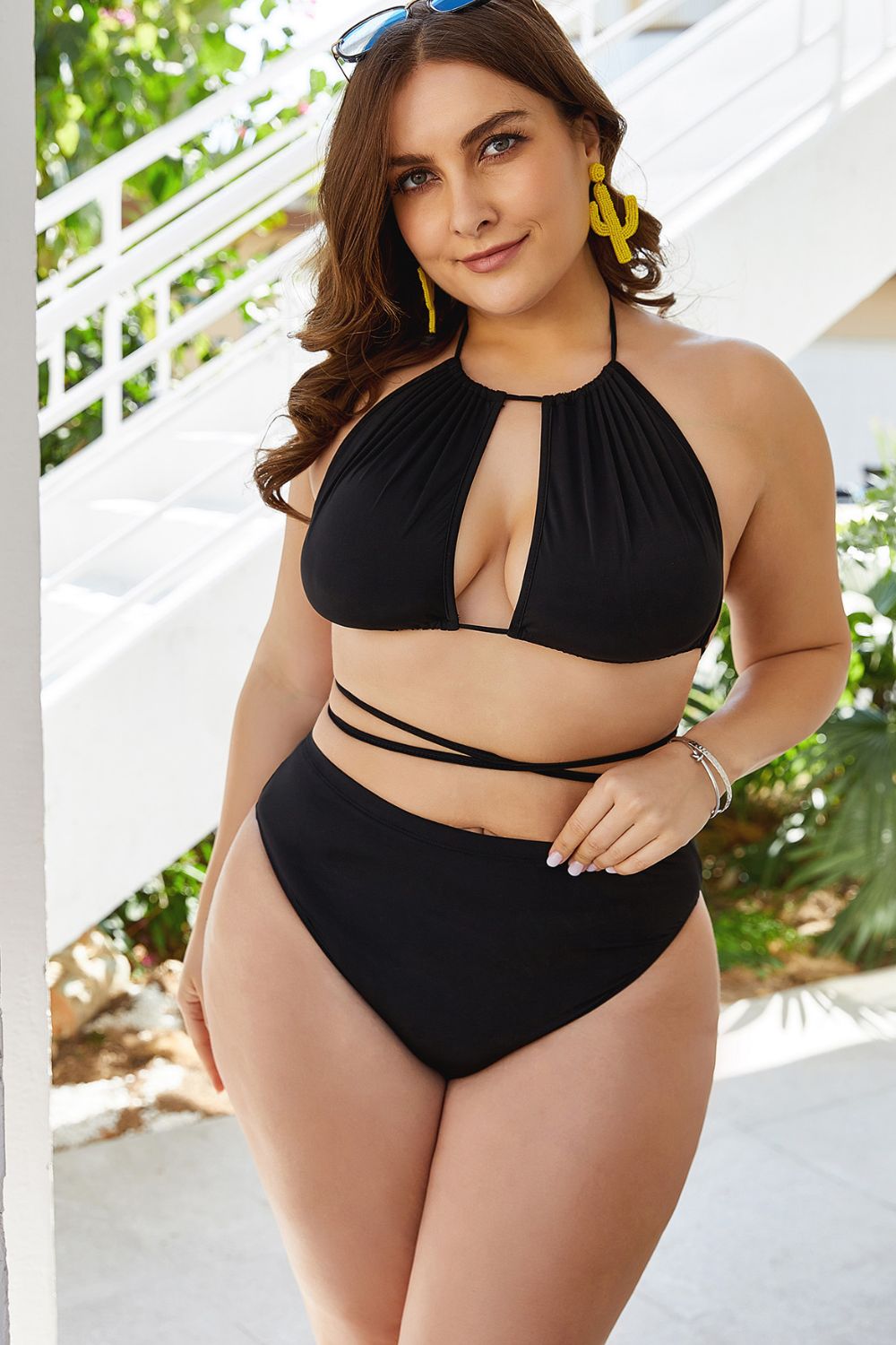 Plus Size Cutout Tied Backless Bikini Set - Black / 2XL