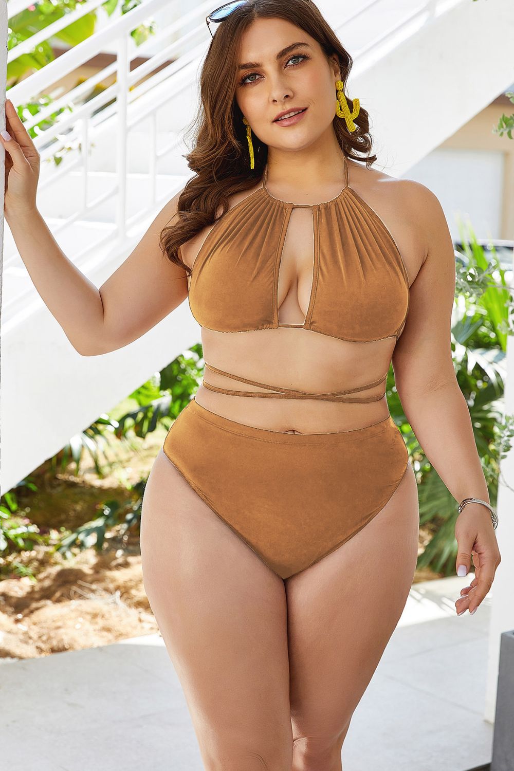 Plus Size Cutout Tied Backless Bikini Set - Yellow / 2XL