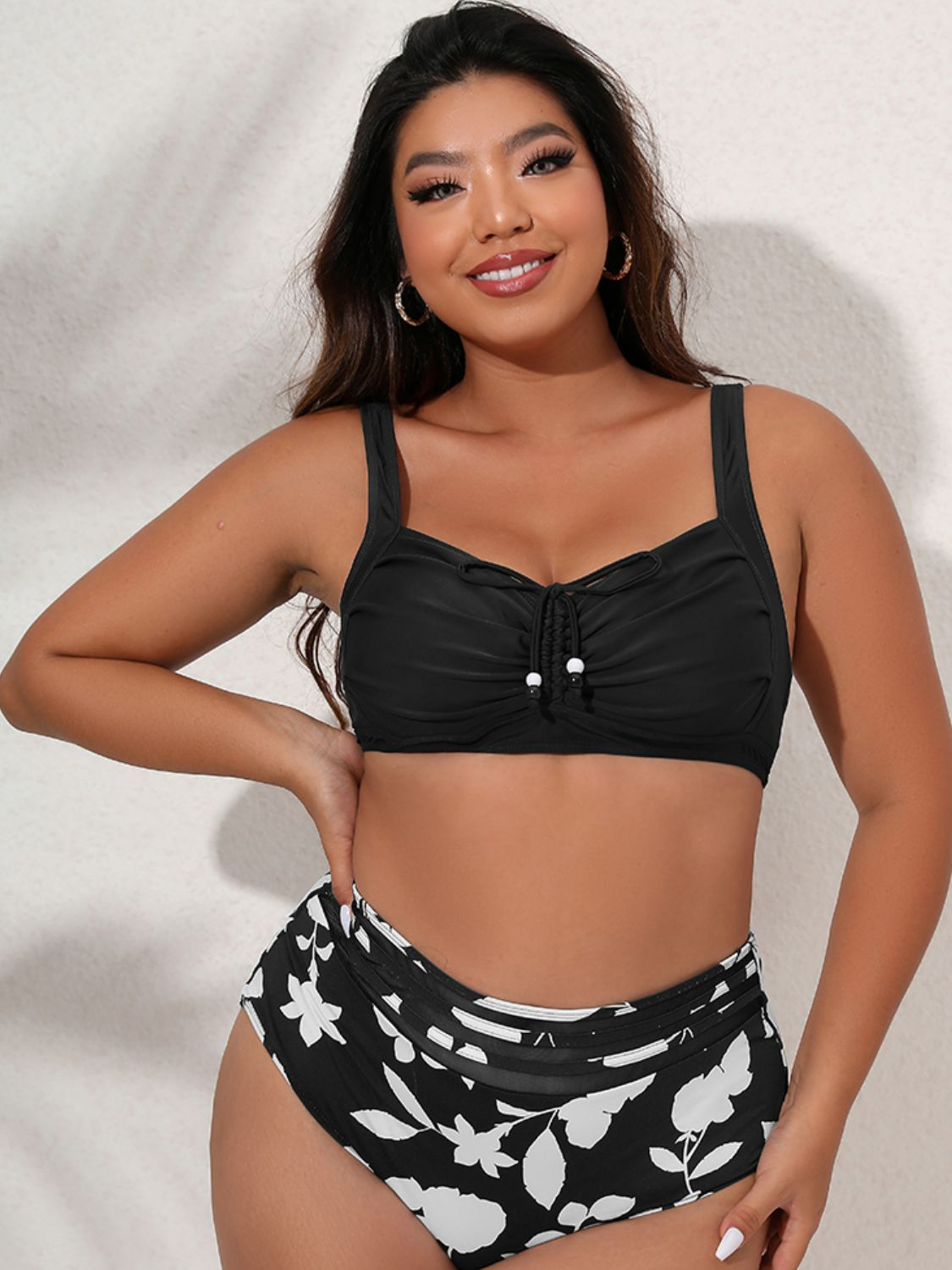 Plus Size Printed Gathered Detail Bikini Set - Black / L