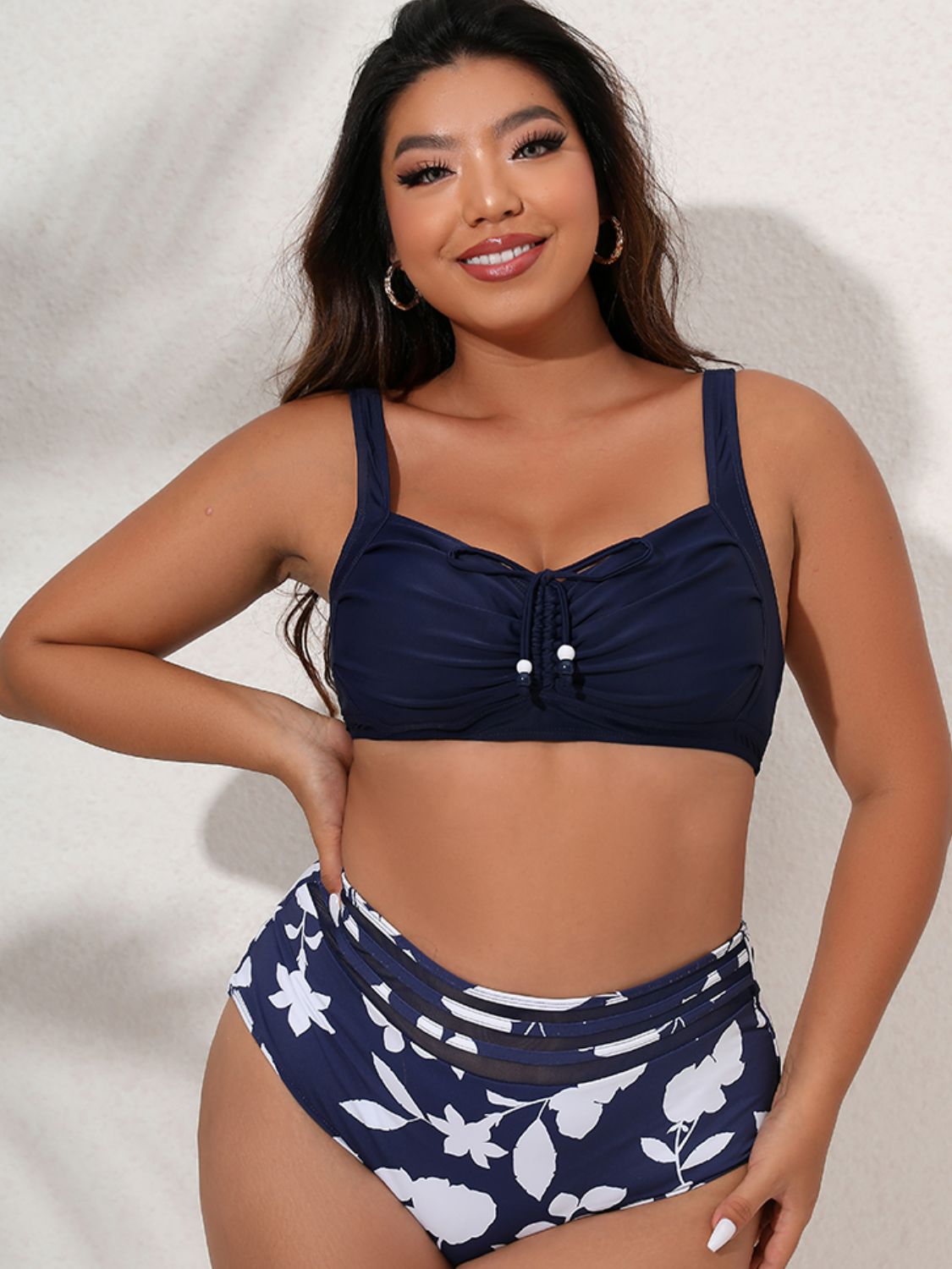 Plus Size Printed Gathered Detail Bikini Set - Navy / L