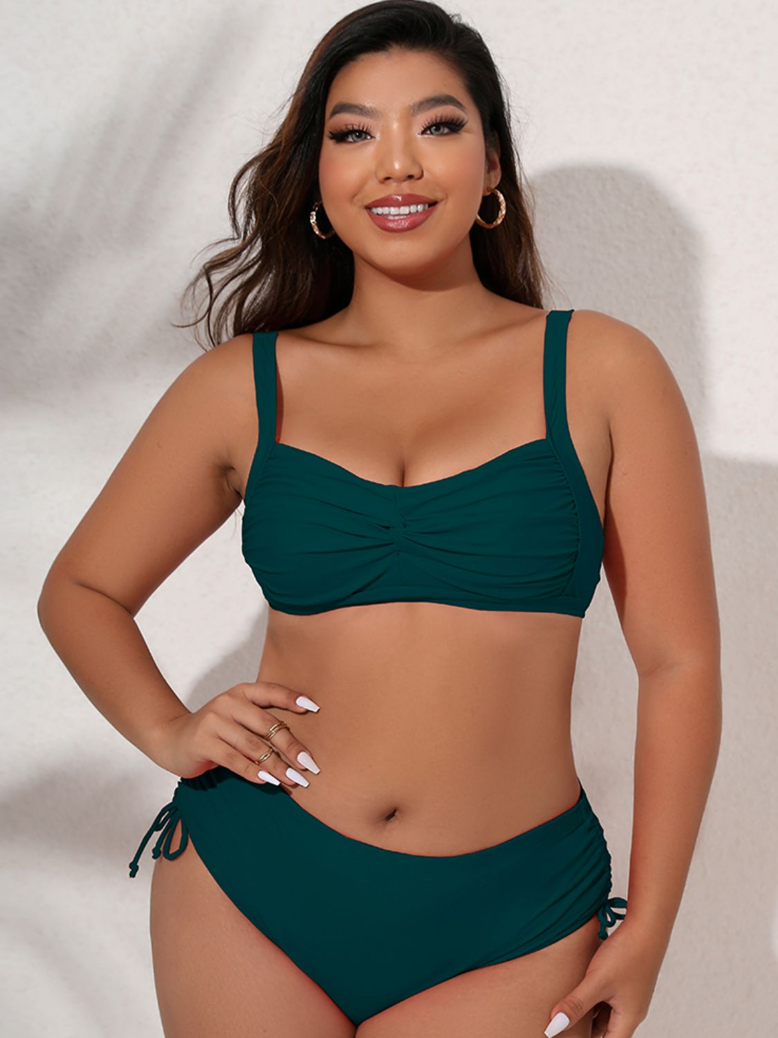 Plus Size Twist Front Tied Bikini Set - Green / L