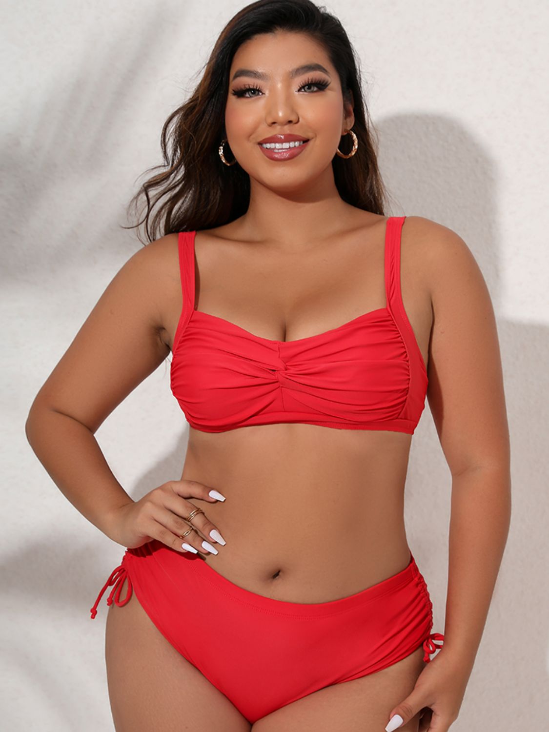 Plus Size Twist Front Tied Bikini Set - Red / L