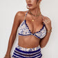 Printed Pompom Detail Halter Neck Two-Piece Bikini Set -