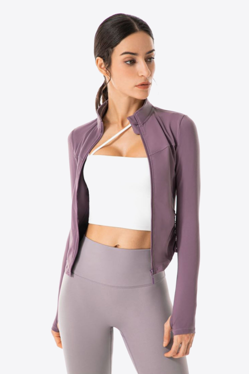 Side Drawstring Zip-Up Sports Jacket - Lilac / S