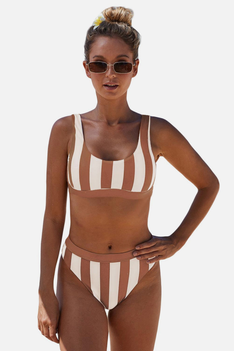 Striped Tank High Waist Bikini - Brown / S - fashion